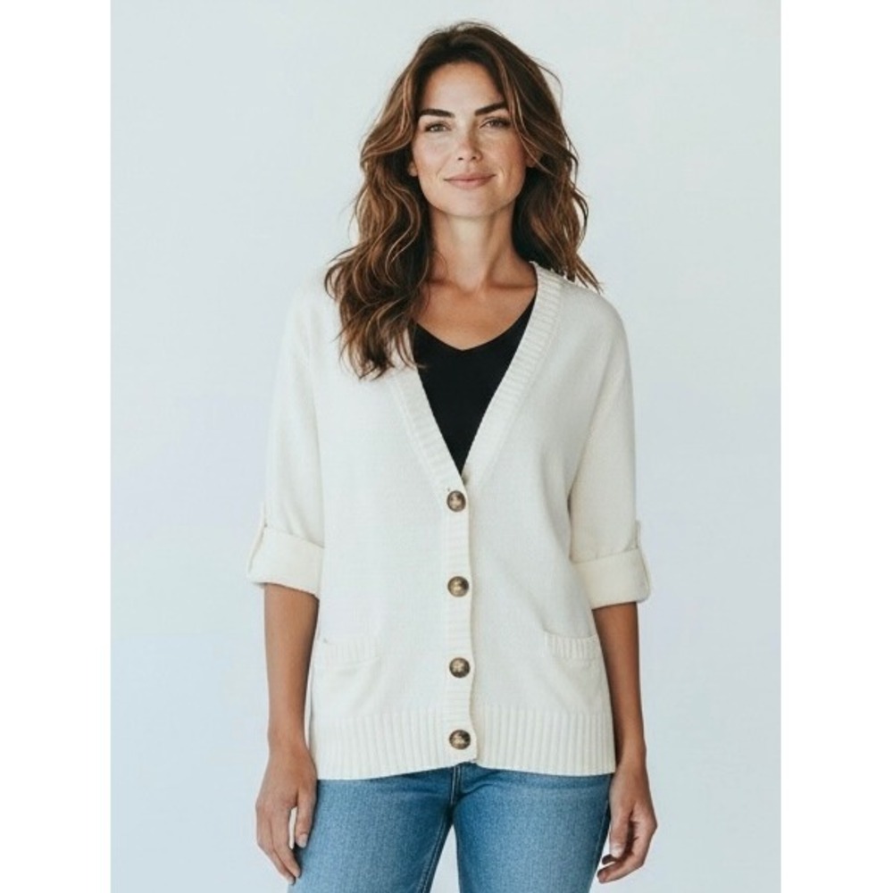 Michael Kors Cream Cotton Lambswool Roll Tab Sleeve Cardigan Sweater Medium